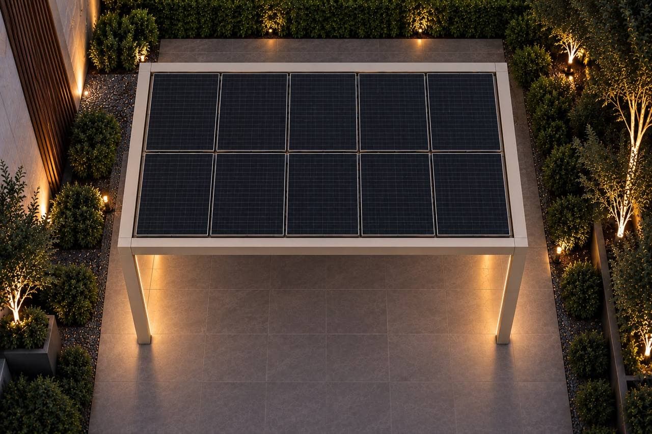 Bovenaanzicht van geïntegreerde zonnepanelen op een Atelier X carport